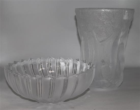 A frosted glass vase and fluted bowl